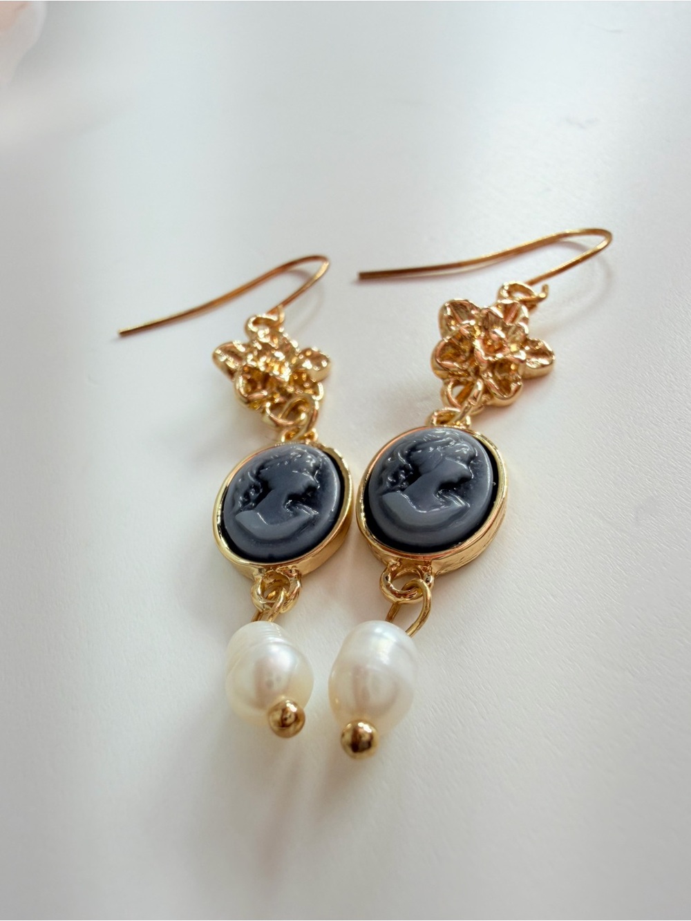 Gold Cameo Drop Earrings with Pearl Accent - Black Cameo